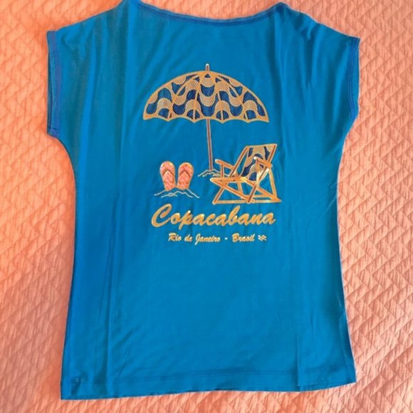 Rio ♥️ BLUE Sequin Round Neck Short Sleeve Top - Picture 1 of 4